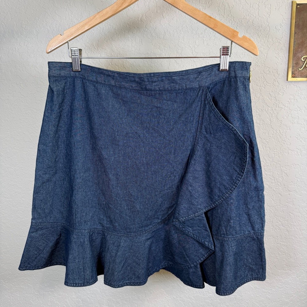 Draper James Blue Denim Ruffle Wrap Mini Skirt Womens Size 14 Medium Wash Cotton